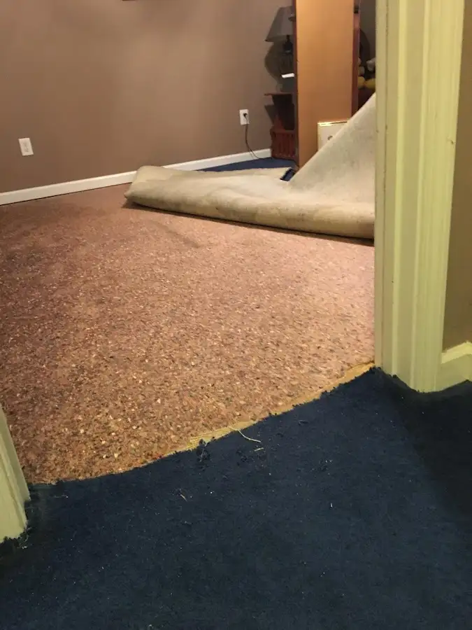 Carpet pad removal revealing water damage during Drying & Dehumidification in Indianola